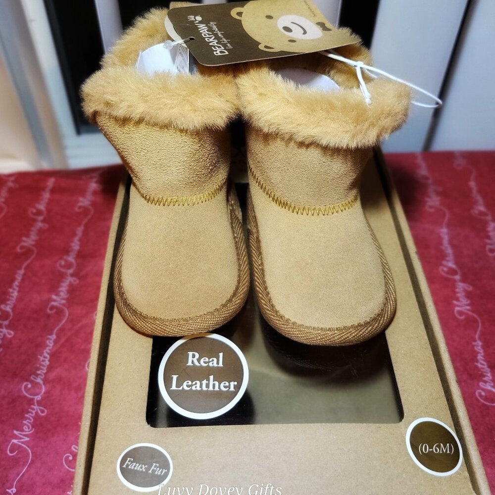 Bear Paw Ugg Boots Infant 0-6 Months Brown Leather Faux Fur Nwt